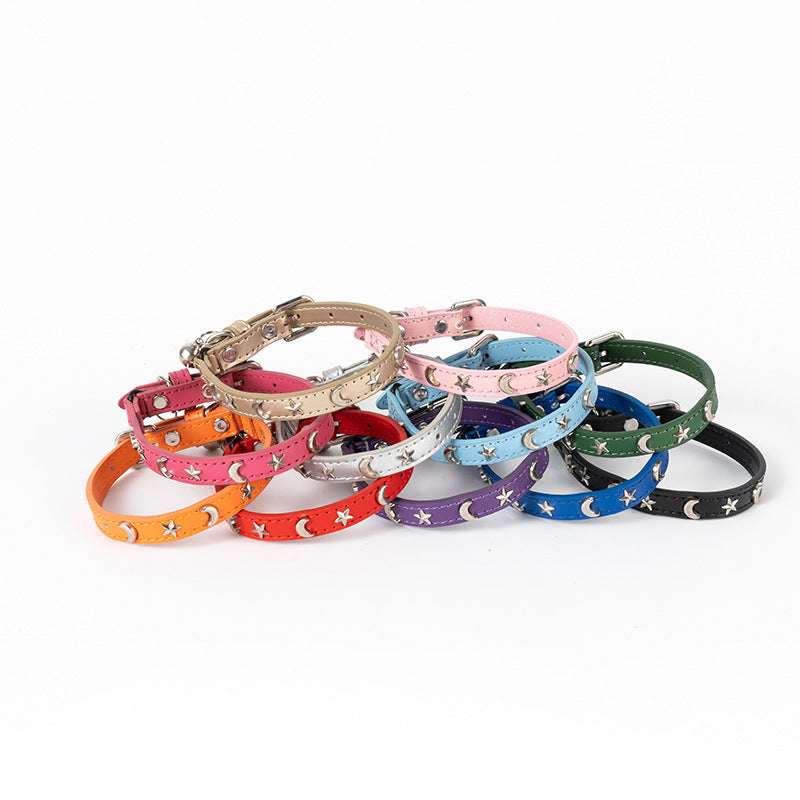 3 pcs Dark blue Stylish PU Leather Pet Collar - Anti-Loss, Puppy Bell, Star & Moon Design Width 1.2cm Total Length 35cm