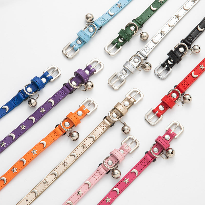 3 pcs Silver Stylish PU Leather Pet Collar - Anti-Loss, Puppy Bell, Star & Moon Design Width 1.2cm Total Length 35cm