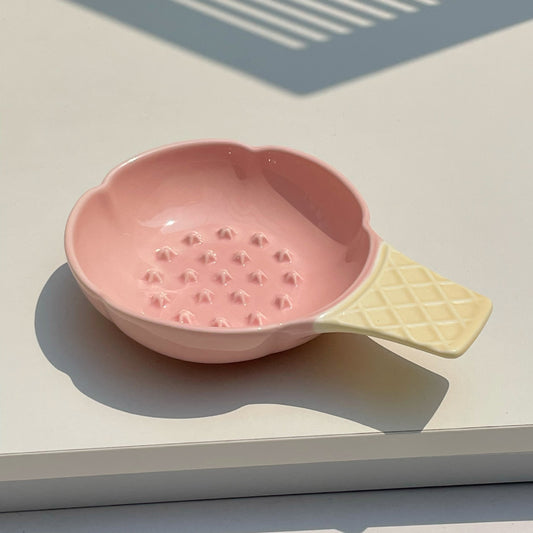 Pink and Yellow Adorable Ice Cream Cone Ceramic Slow Feeder Pet Bowl - Fun Anti-Gulp Design for Cats & Dogs