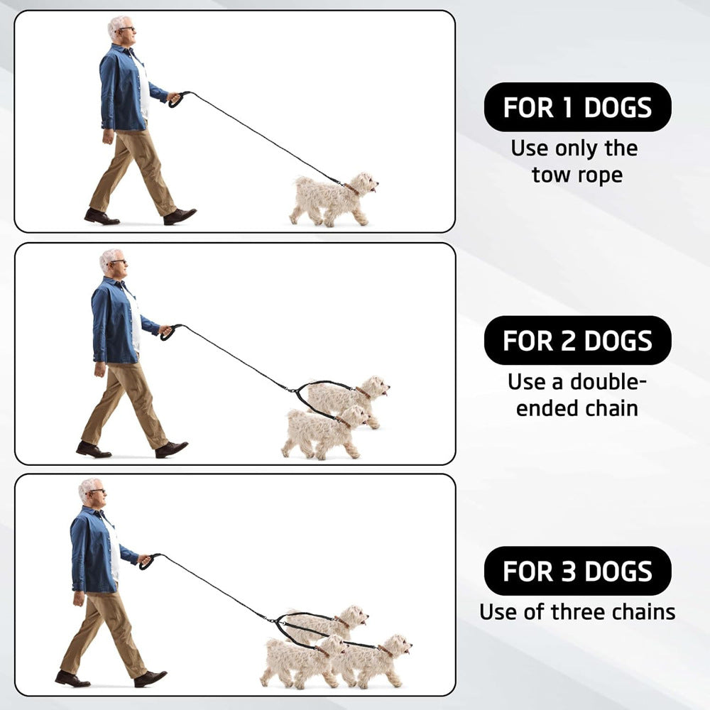 Black 3-in-1 Tangle-Free Dog Leash for 1-3 Dogs - Heavy Duty Bungee Coupler with Reflective Stitching & Padded Handle